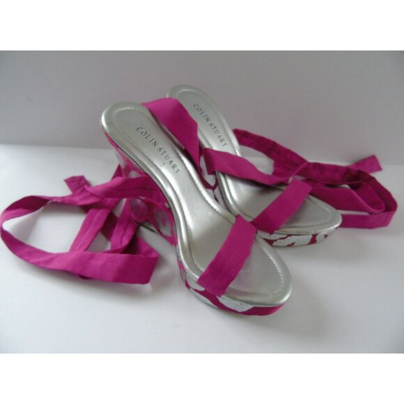 Colin Stuart Pink Silver Platform Shoes Strappy Fabric Kisses Size 5 1/2 M - Picture 2 of 8